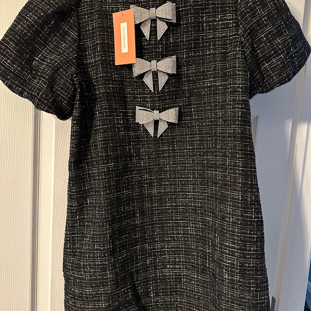 Chic Black Tweed Dress with Bow Accents